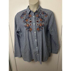 Beach Cotton oversized blue and white striped long sleeve floral embroider #1158